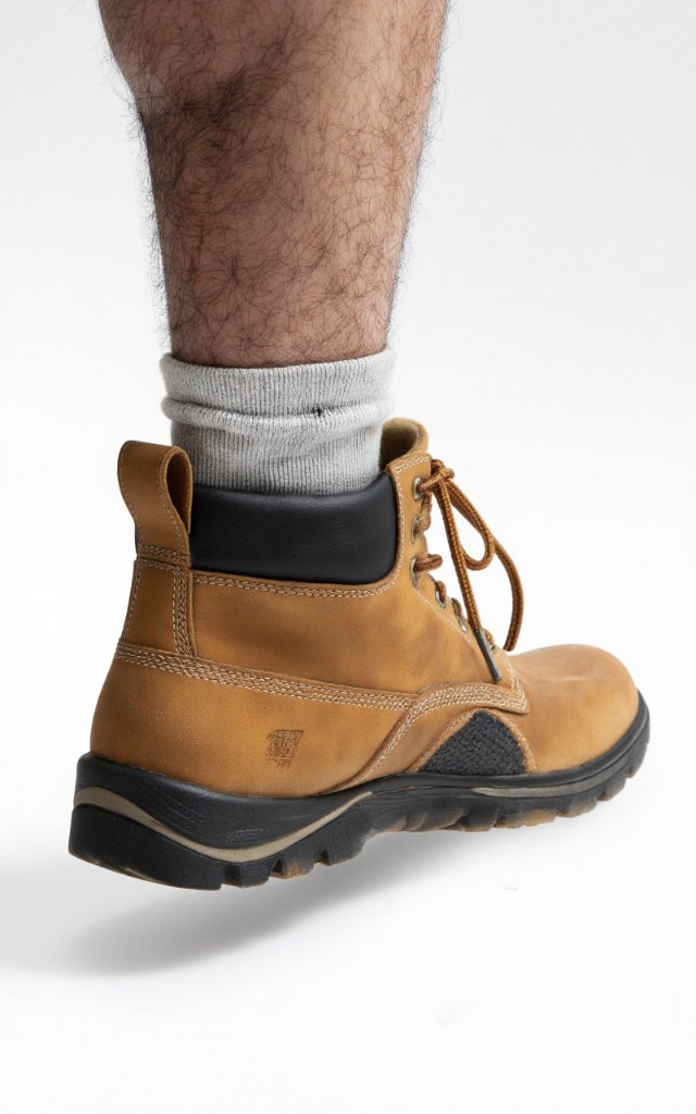A male model wearing Work boots, against a white background, with a close   up of the feet